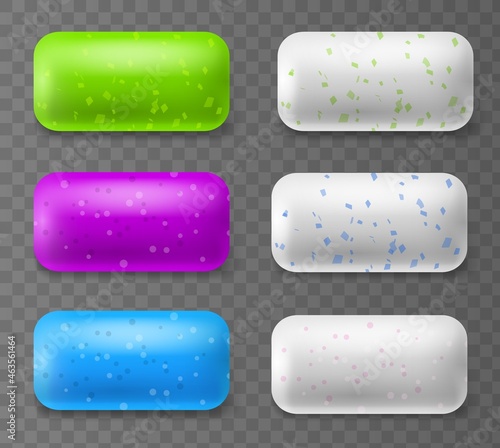 Chewing gum pads. Different colors bubblegum, realistic elements, mint and fruit flavors, menthol and sweet taste, fresh peppermint various pillow, dental health oral care, vector 3d isolated set