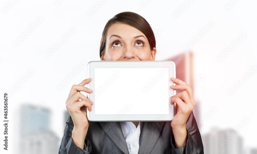 Businesswoman holding tablet computer layout Businesswoman holding tablet computer layout
