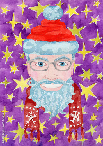 Christmas greeting card with handsome modern Santa Claus wearing scard and red hat against purple background with stars photo