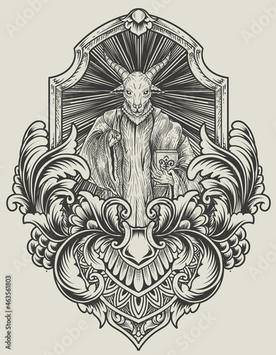 illustration scary baphomet on engraving ornament photo