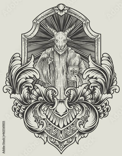 illustration scary baphomet on engraving ornament