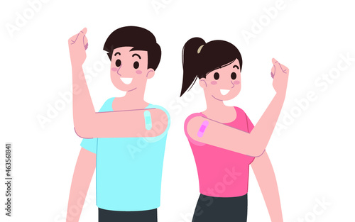 A young man and a woman stand and showing a blue plaster on his shoulder from vaccination against COVID-19 or coronavirus. The virus infection protecting concept for healthy people.
