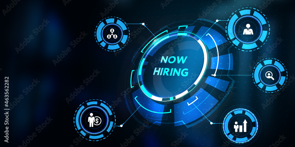 Business, Technology, Internet and network concept. NOW HIRING inscription, modern technology business concept. 3d illustration Business, Technology, Internet and network concept. NOW HIRING inscription, modern technology business concept. 3d illustration