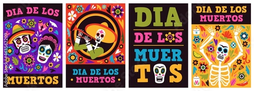 Mexican holiday set. Color dead day party invitation posters with funny skeletons and sugar skulls with traditional decor, ethnic latino festivity decor, vector cartoon isolated cards
