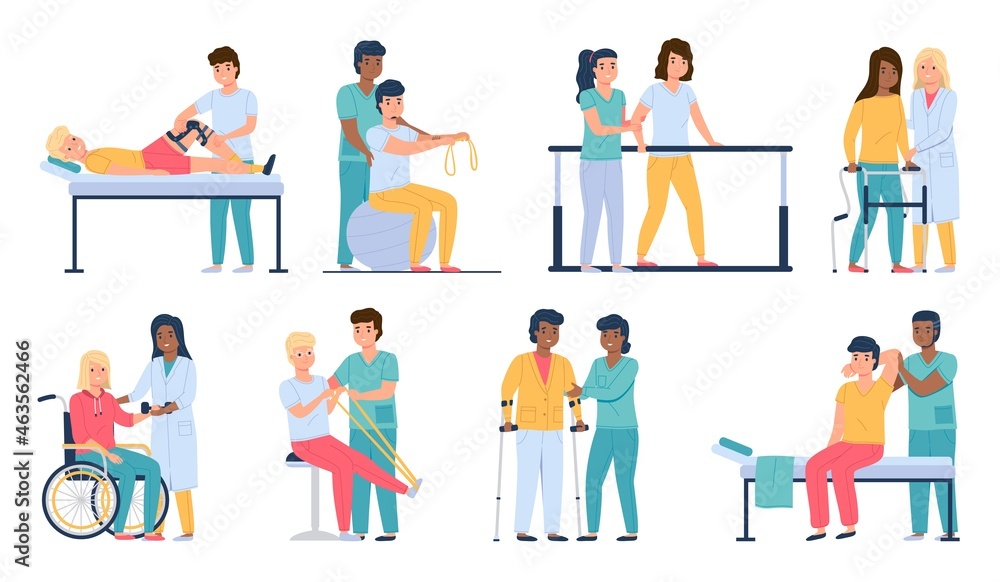 Physiotherapy people. Patients gradual recovery, medical physical workout, rehab and development mobility, strengthening muscles, therapists work in hospital, vector cartoon flat isolated set