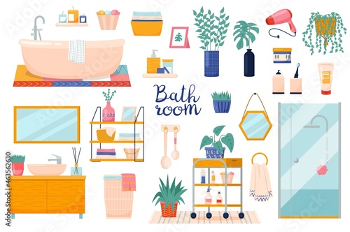 Bathroom elements. Hygiene products and interior accessories, wet room, comfort and home spa treatments, shower cabin, bath tube, shampoo bottle and cosmetics vector cartoon flat isolated set