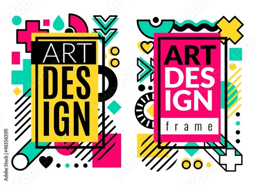 Frame memphis. Geometric elements. Graphic abstract. Minimal forms bright colors, vertical banner, flyer or brochure template with copy space, 80s art design. Ad background vector isolated set