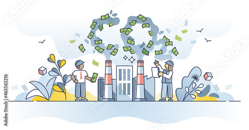 Carbon tax as greenhouse gas charge from burning fossil fuel outline concept. CO2 emissions fee trading and quotas as resource for industrial business vector illustration. Dioxide pollution pricing.