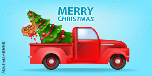 Christmas holiday red car illustration, vector x-mas retro truck postcard, decorated pine tree signboard. Winter season delivery concept pickup clipart, festive Santa Claus auto. Christmas card banner