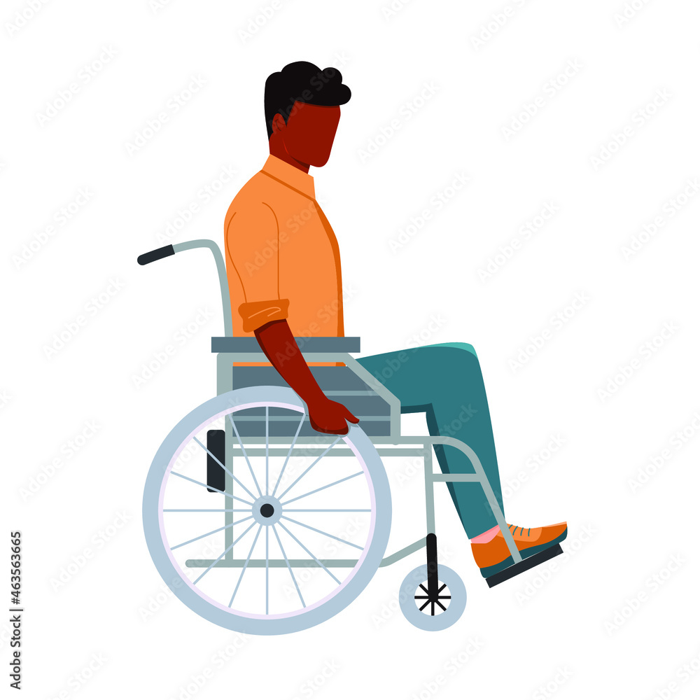 Young black man in wheelchair isolated on white background. Handicapped man. Vector illustration in flat style. Young black man in wheelchair isolated on white background. Handicapped man. Vector illustration in flat style.