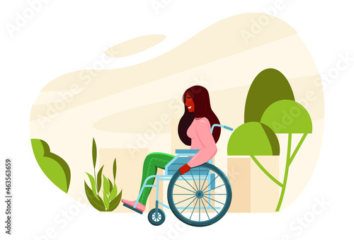 Young woman in wheelchair walks in the city park. Handicapped girl. Vector illustration in flat style. 