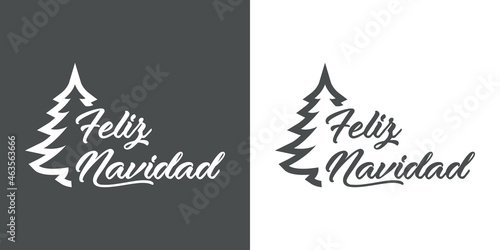 Banner con frase Feliz Navidad manuscrito en español con árbol de navidad en fondo gris y fondo blanco