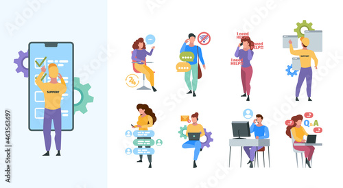 Online consultation. Help center web tutorial hotline consultant in custom service garish vector concept pictures set