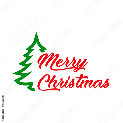 Banner con frase Merry Christmas manuscrito con   rbol de navidad en color rojo y verde