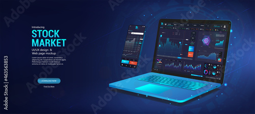 Web page Trading platform for Forex, Stock Market App. Digital money, cryptocurrency, investment, finance and trading. Laptop and smartphone for stock market with UI, HUD. Bitcoin, Crypto Trading App