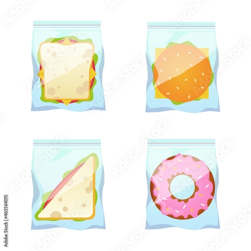 Products vending. Snack plastic package. Fast food packs. Biscuit and sandwich for selling machine. Hamburger or donut in merchandise packaging. Unhealthy nutrition. Vector meal set