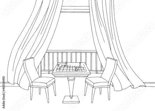 Living room balcony graphic black white home interior sketch illustration vector 