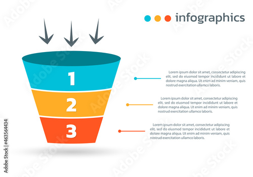 Sale funnel, conversion cone, marketing chart or diagram template with 3 steps or levels. Business pyramid design for infographic. Vector illustration.