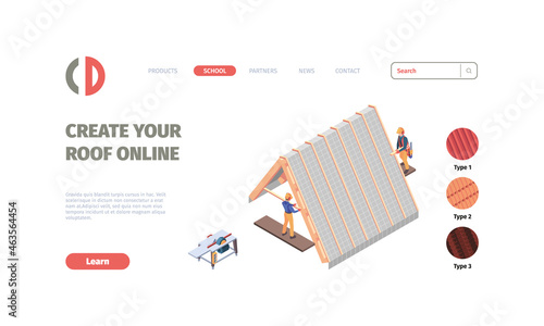 Roofing landing. Residence building production stages wooden logs flexible thermal tiles garish vector business web page templates