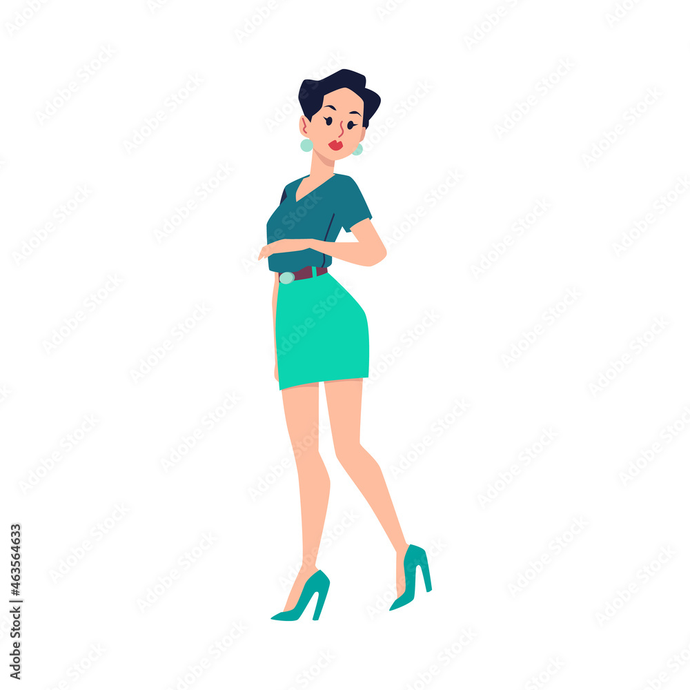 Woman in fashion clothing and heeled shoes, flat vector illustration isolated. Woman in fashion clothing and heeled shoes, flat vector illustration isolated.