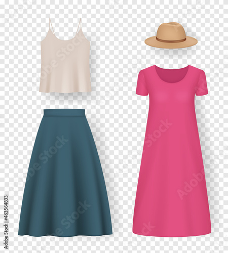 Woman clothes. Realistic fashioned accessories for girls skirt sneakers blouse hat pants decent vector 3d illustrations collection