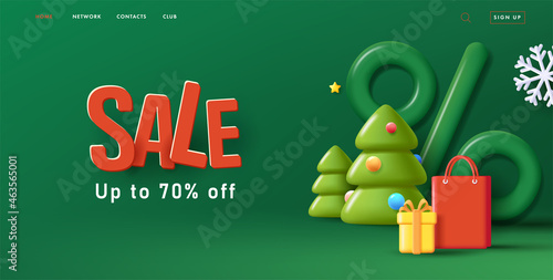 Christmas Sale poster with 3d render composition of big percent sign and Christmas tree with gift box and shopping bag, on dark green backdrop
