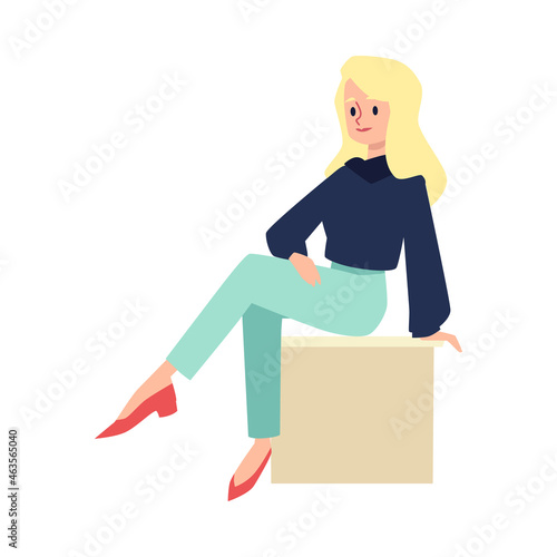Smiling blonde nordic girl character wearing pants, sweater and red shoes, sitting on stool with her legs crossed.