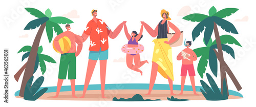 Happy Family Characters on Summer Beach. Mother, Father, Daughter and Sons Hold Hands on Sandy Shore Playing at Seaside