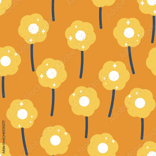 Vector 60s inspired Cute Daisies with Retro Texture in Orange and Blue seamless pattern background design. Perfect for scrapbooking, fabrics and web design projects.