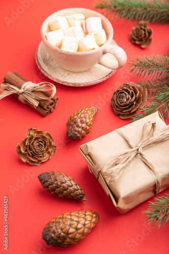 Christmas or New Year composition. Decorations, cones, fir and spruce branches, cup of coffee, on a red background. Side view.