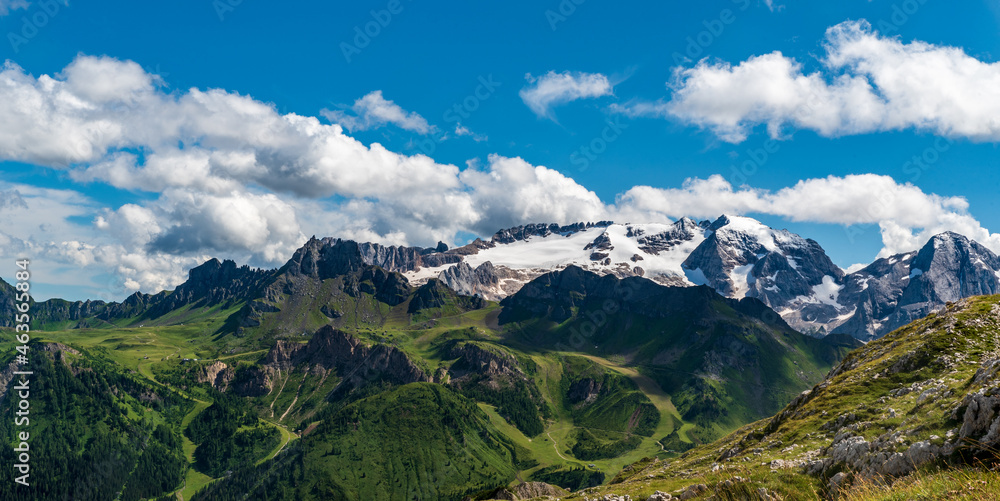 Padon mountain ridge with Sass Ciapel mountain peak and Marmolada mountain group with highest Punta Penia and lower Gran Vernel mountain peaks in Dolomites mountains in Italy