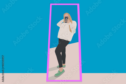 A girl is taking a picture of herself in the mirror. A selfie concept.
