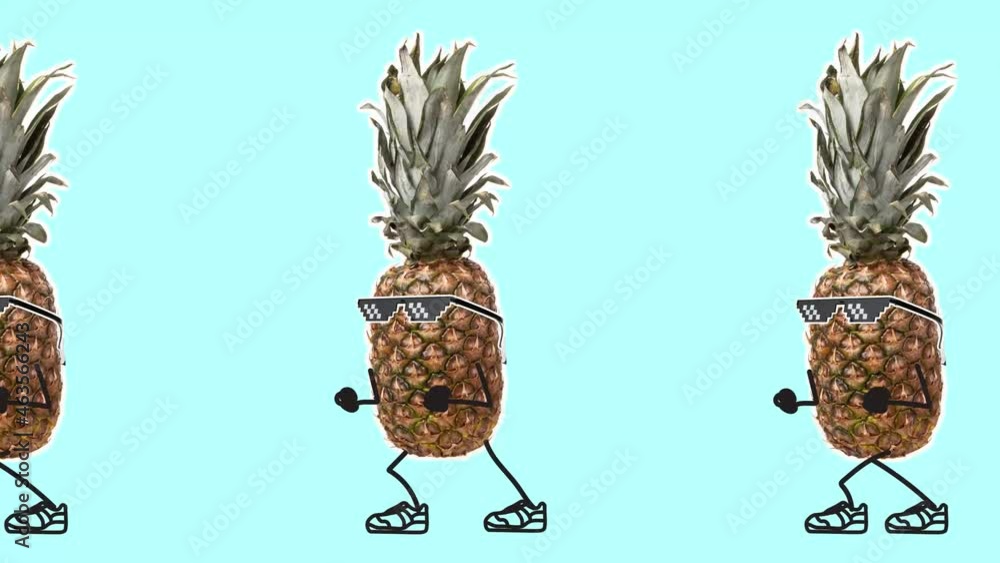 Stop motion design or art 2D animation. Dancing funny pineapples