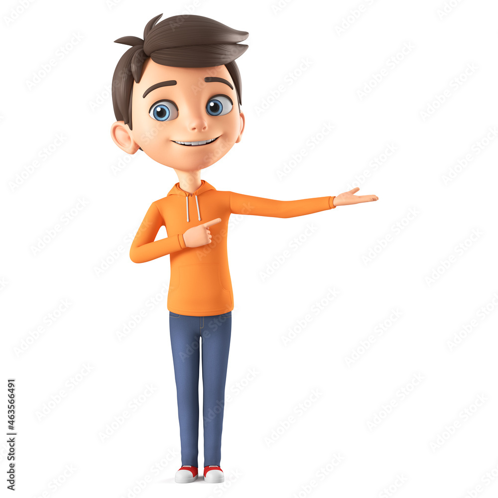 Cartoon character boy in orange sweatshirt points his finger to an empty palm. 3d render illustration. Cartoon character boy in orange sweatshirt points his finger to an empty palm. 3d render illustration.