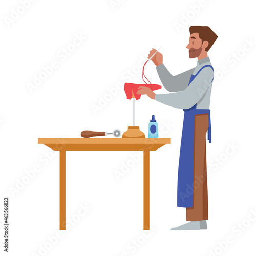 Shoe repair or footwear making workshop worker, vector illustration isolated.