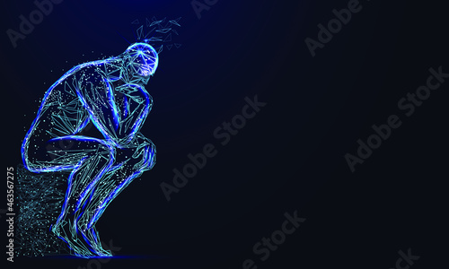 Thinker with broken head in wireframe polygonal style, brain thinking concept. Vector business
