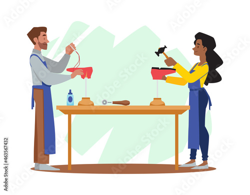 Concept of handicraft footwear manufacturing process, cartoon vector illustration isolated on white background.