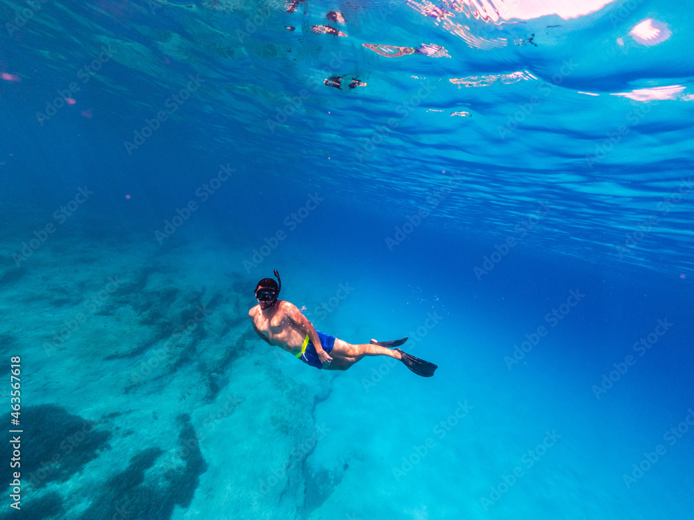 Underwater photo of man free diving in clear sea