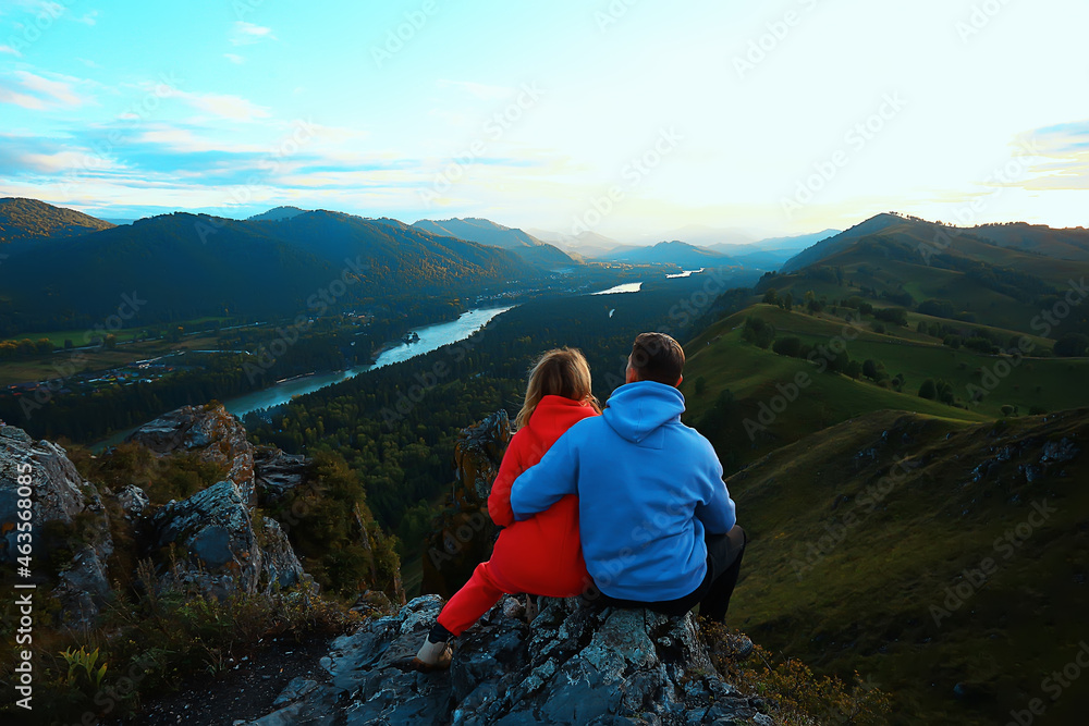 Fototapeta premium couple autumn altai lovers mountains, active adventures, travel happy tourism