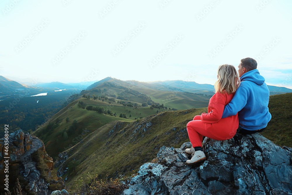 couple autumn altai lovers mountains, active adventures, travel happy tourism
