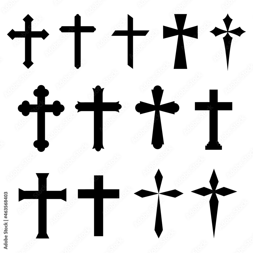 Fototapeta premium A set of Christian cross icons in black and white. They’re different design and isolated on white background.