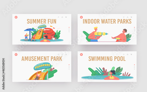 Summer Fun Landing Page Template Set. Kids Characters in Aquapark, Amusement Park with Water Attractions