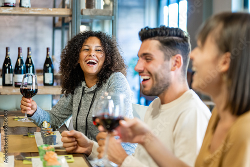 Group of young people having lunch at restaurant, millennials having fun together on a day of celebration, toasting with glasses of red wine