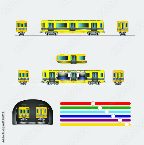 Subway or Metro. Scaled vector design. Body and chassis. Vehicle interior. Realistic subway train. Trains