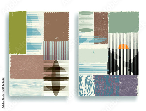 Modern layout with minimalist design elements . Grunge textured shapes in Boho style  . Wall art , home deco . Vector abstract shape. Modern art . Contemporary layouts set .