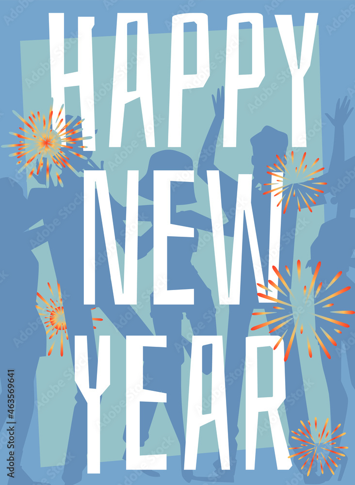 Happy New Year poster or card with fireworks lights, flat vector illustration. Happy New Year poster or card with fireworks lights, flat vector illustration.
