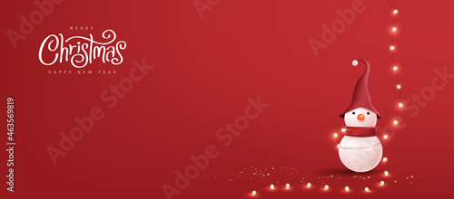 Merry Christmas banner with snowman and fairy Light on red background