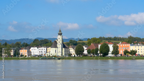 Austrian village on riverbank Danube 