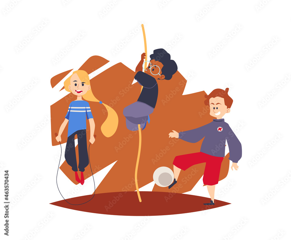 Children exercising at physical education lesson, vector illustration isolated.