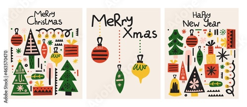 Christmas postcard set. Hand drawn scandinavian style xmas card, cartoon ethnic winter holidays elements and lettering, trendy colors tree gifts and toys, poster or print vector isolated illustration